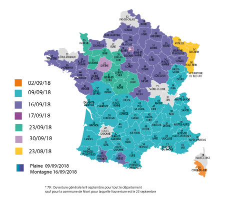 Dates d'ouverture de la chasse 2018-2019 départements par départements